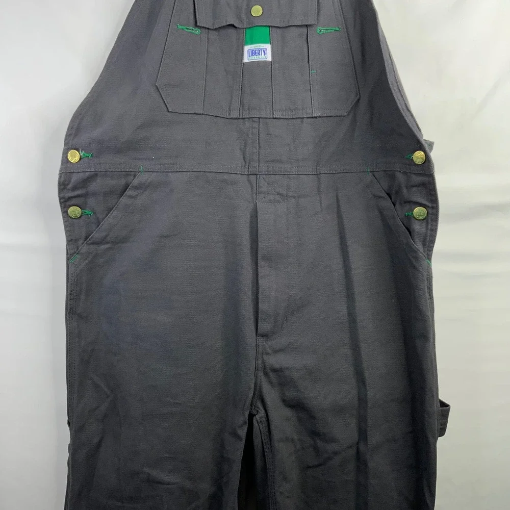 Liberty Overalls Men Charcoal Gray Canvas Bib Workwear Carpenter Pants Green Zip